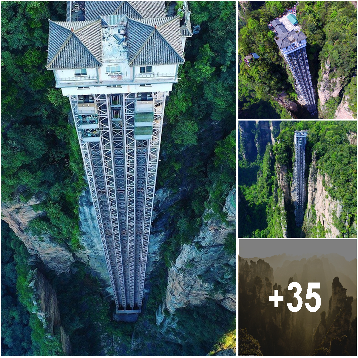 Cover Image for Is this the world’s most terrifying lift? Striking aerial pictures show China’s 1,070-foot-tall glass elevator built on the side of a cliff