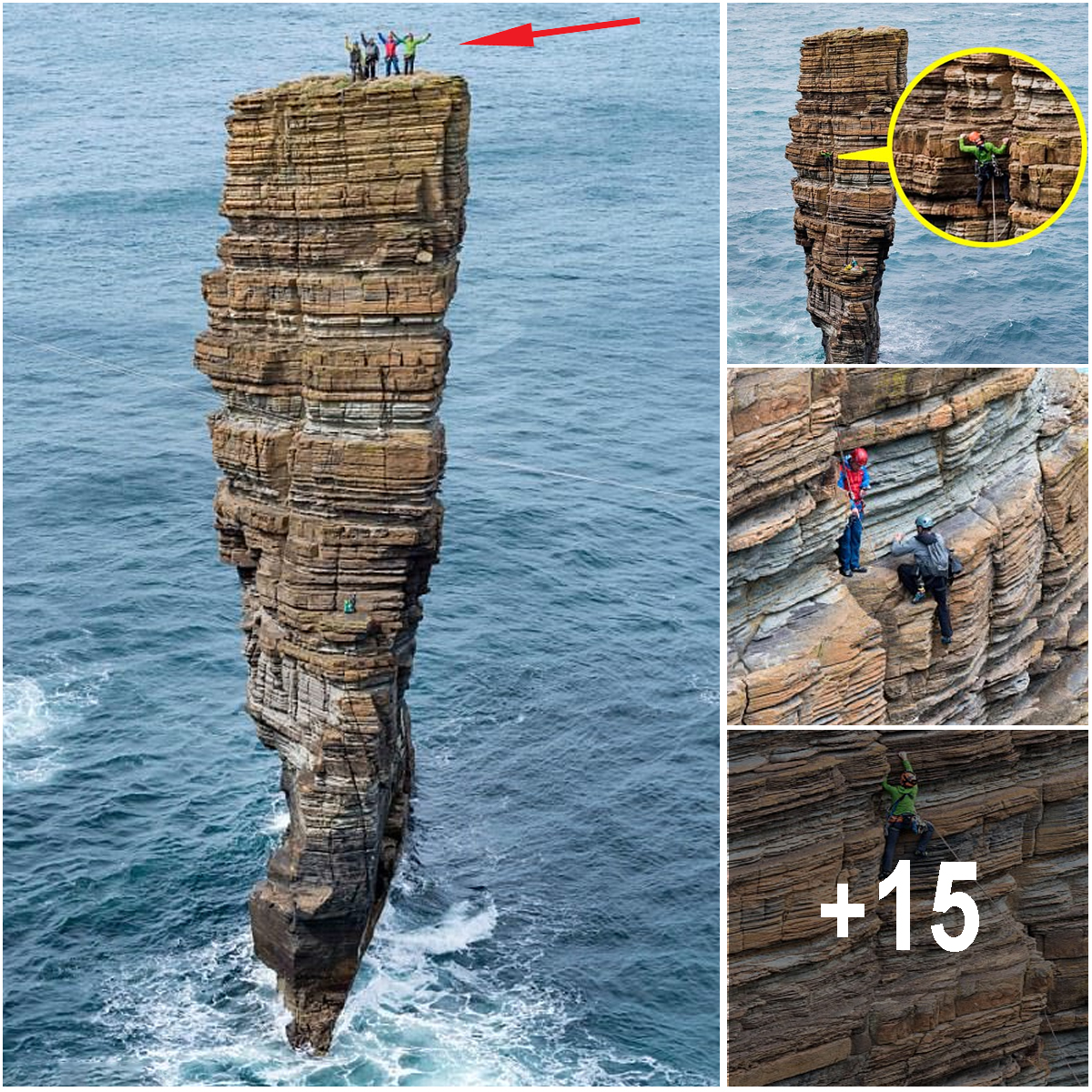 Daredevil climbers pick their way up perilous stack of rocks above ...